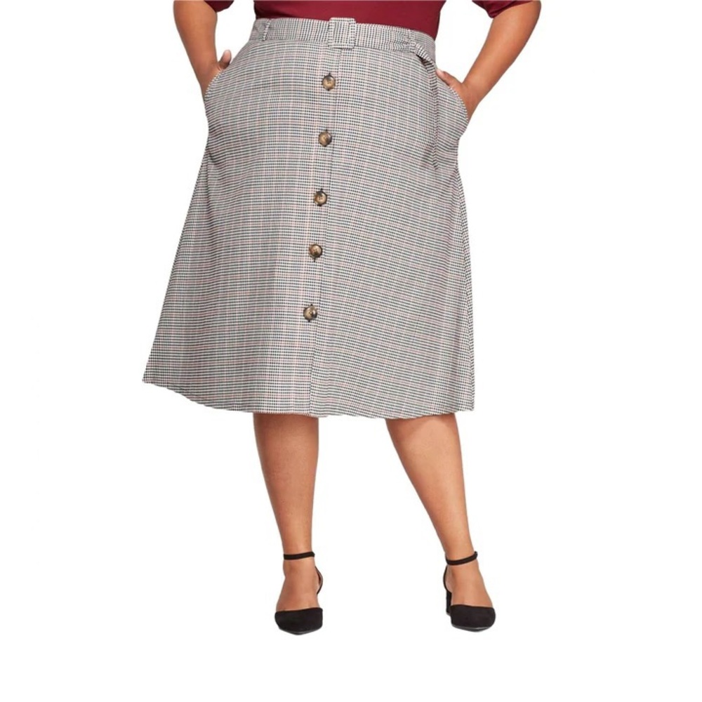 Ava & Viv Plaid Belted Button Down Midi Skirt